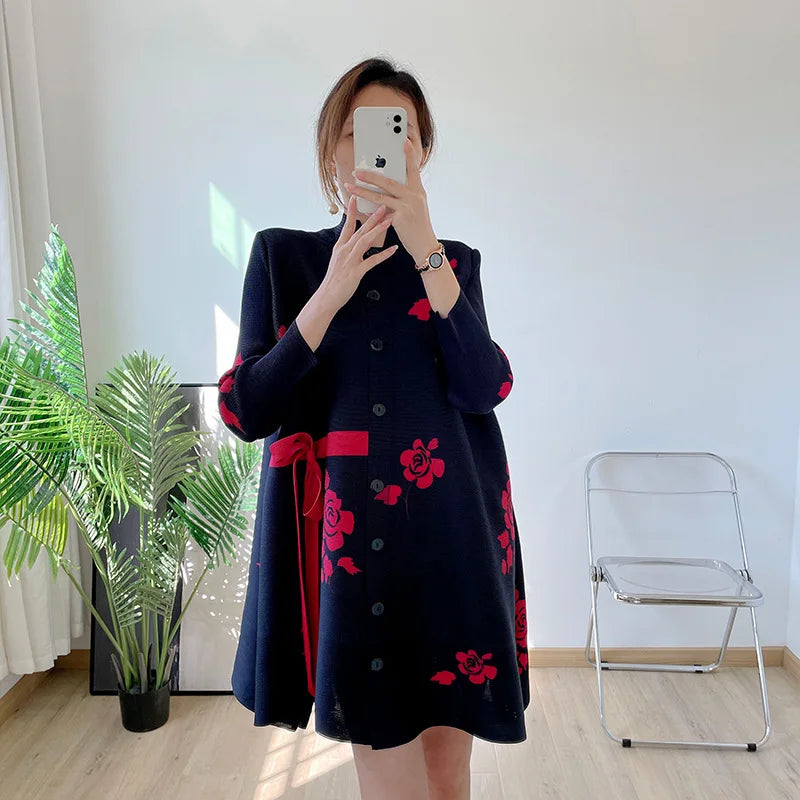 Summer Printing Pleats Dress Knee-Length Pleated Dresses All-Match Loose Women'S plus Size Casual Clothing