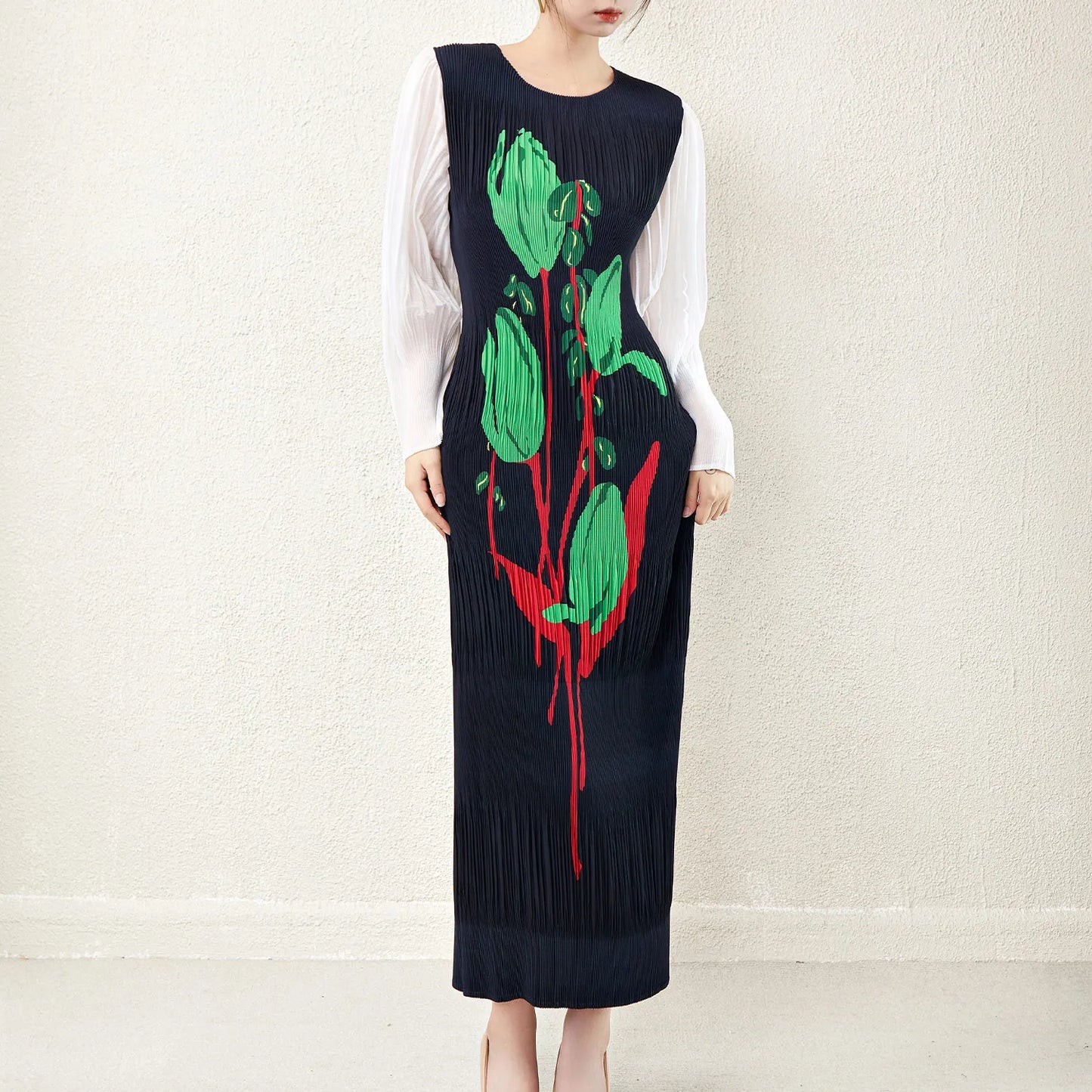  Pleated Stretch plus Size Women'S Long Sleeve Long Dress Fashionable Pleated Miyake Print Women'S Casual Dress