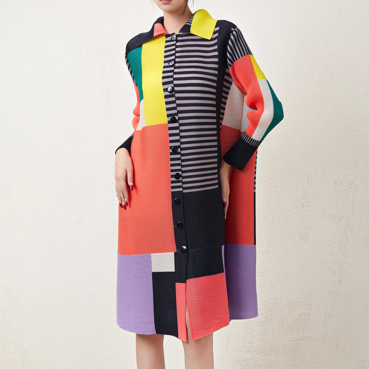 Latest Miyake Pleated Dress Women'S Casual Dress Print Loose Elastic Stretch Color Block plus Size Shirt Dresses