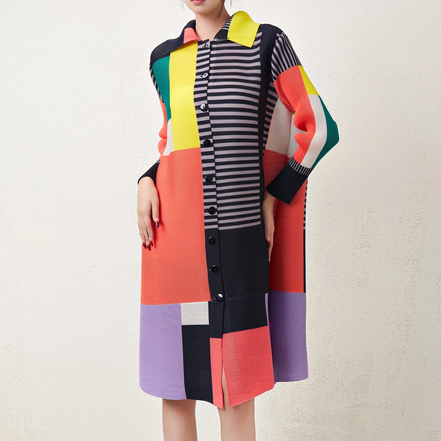 Latest Miyake Pleated Dress Women'S Casual Dress Print Loose Elastic Stretch Color Block plus Size Shirt Dresses