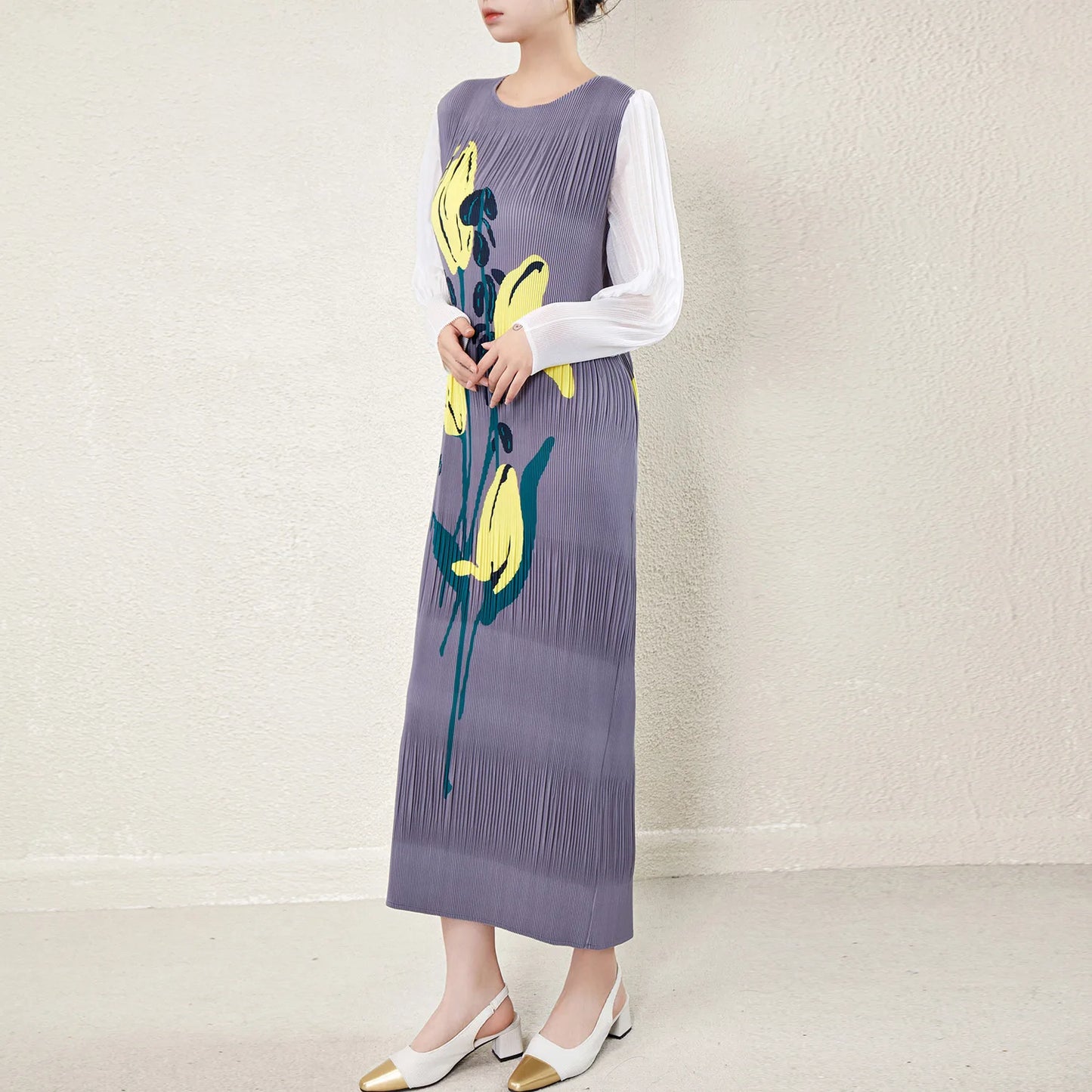  Pleated Stretch plus Size Women'S Long Sleeve Long Dress Fashionable Pleated Miyake Print Women'S Casual Dress