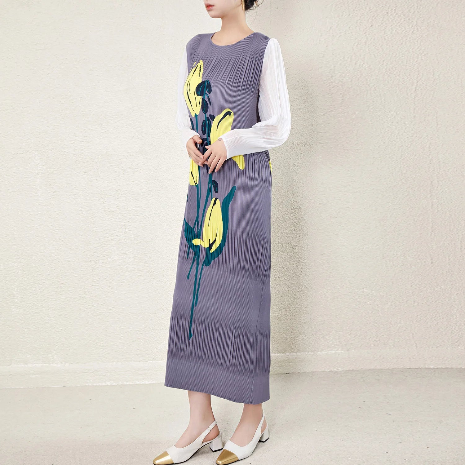  Pleated Stretch plus Size Women'S Long Sleeve Long Dress Fashionable Pleated Miyake Print Women'S Casual Dress
