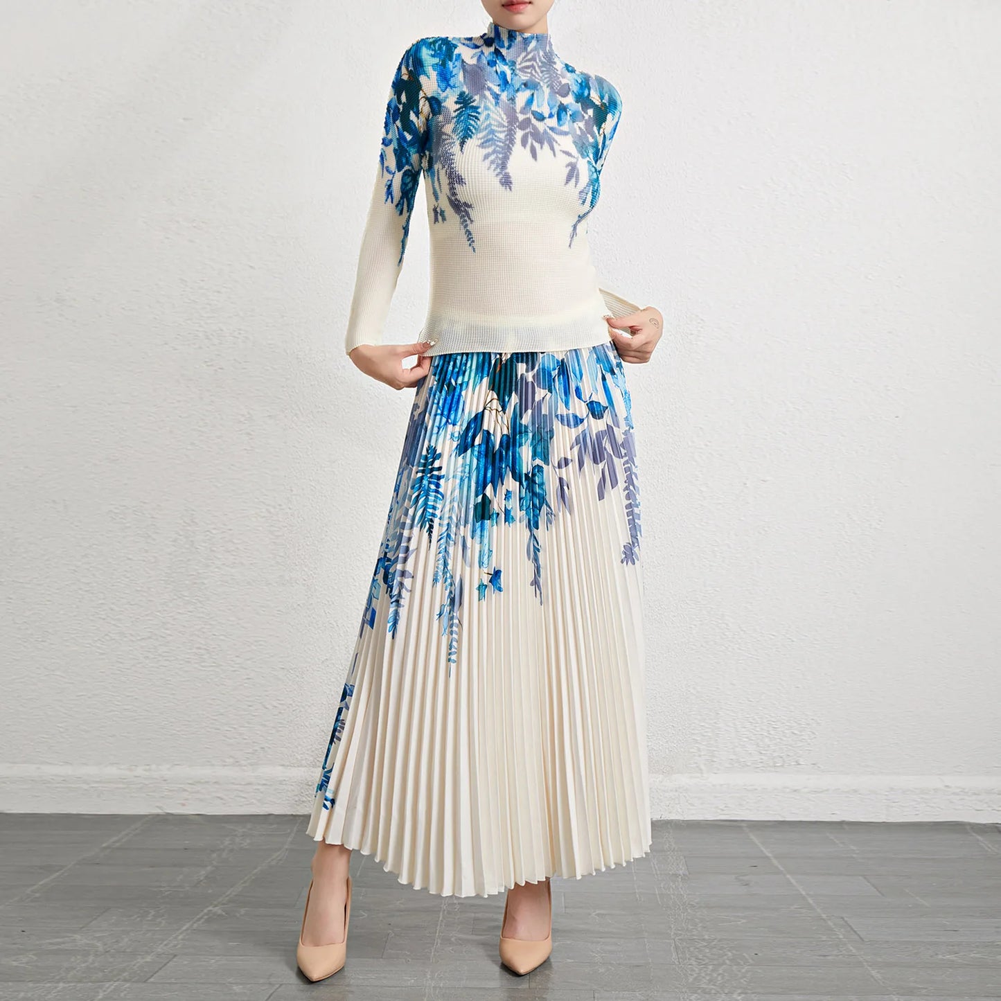 Miyake Pleated Skirt Sets Women 2 Piece Set Elastic Turtleneck Long Sleeve Shirt Printed Long Pleated Skirt Set