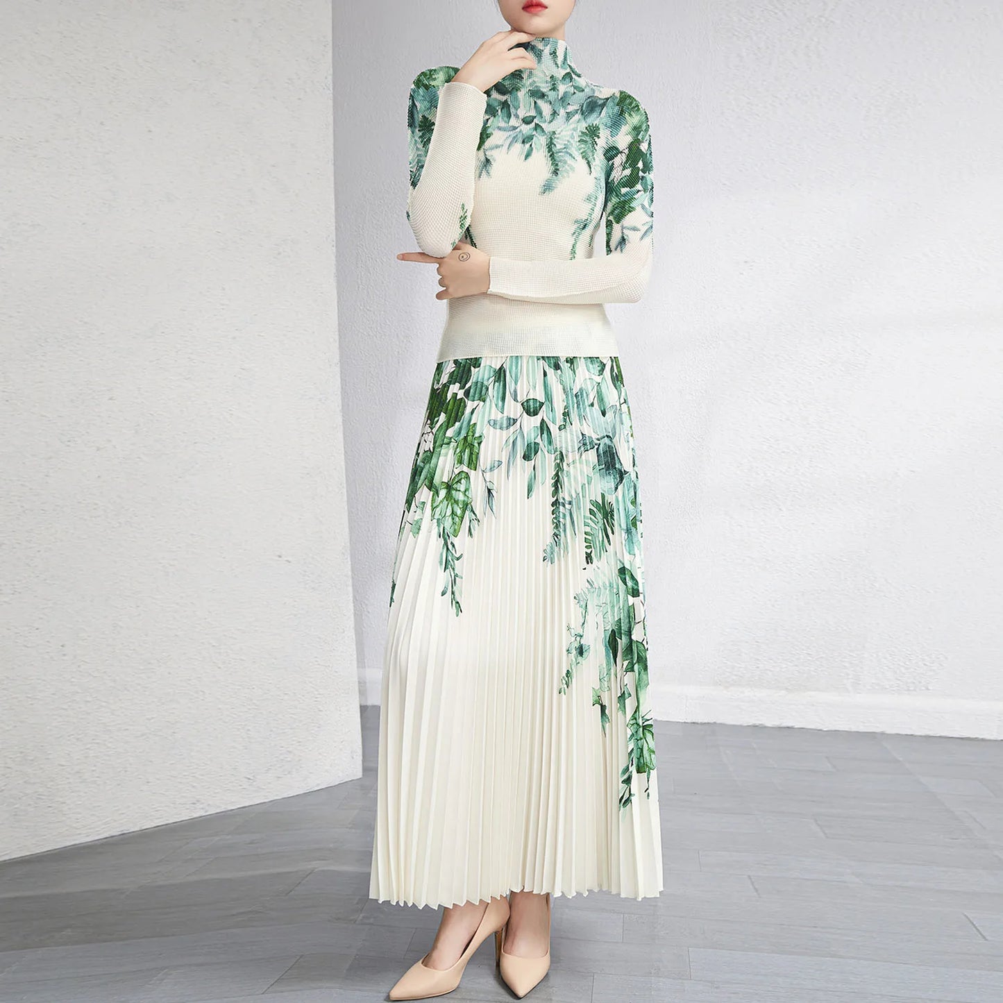 Miyake Pleated Skirt Sets Women 2 Piece Set Elastic Turtleneck Long Sleeve Shirt Printed Long Pleated Skirt Set
