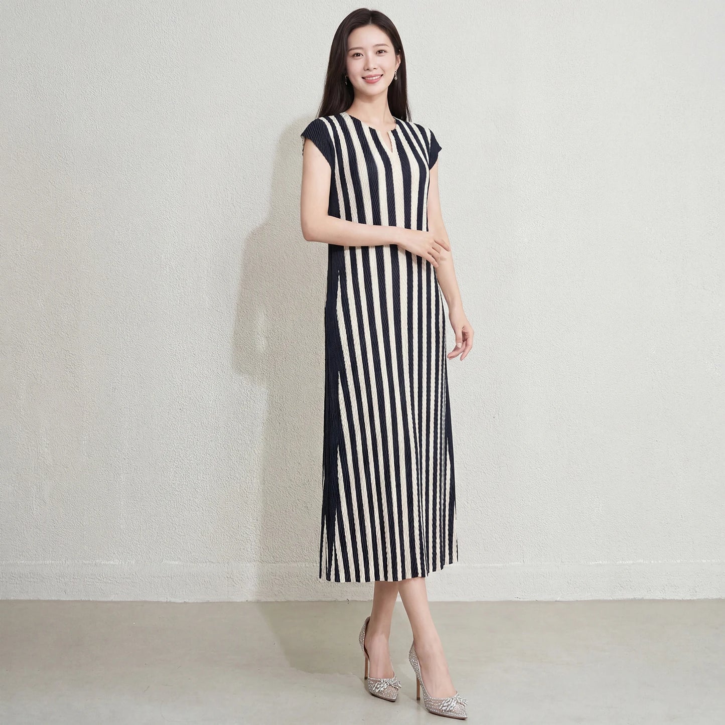 Design Women'S Casual Short Sleeve Striped Dress Miyake Pleated Dress