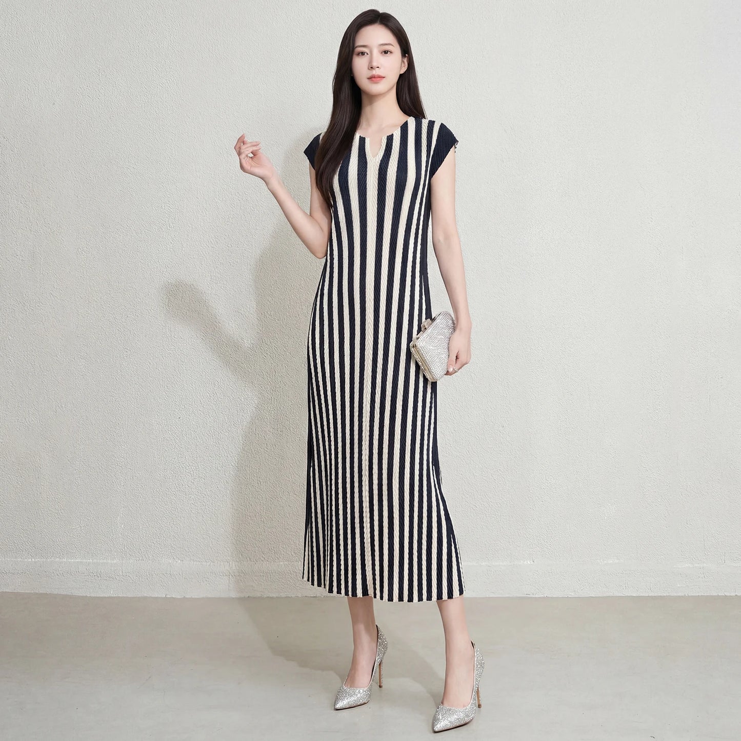 Design Women'S Casual Short Sleeve Striped Dress Miyake Pleated Dress