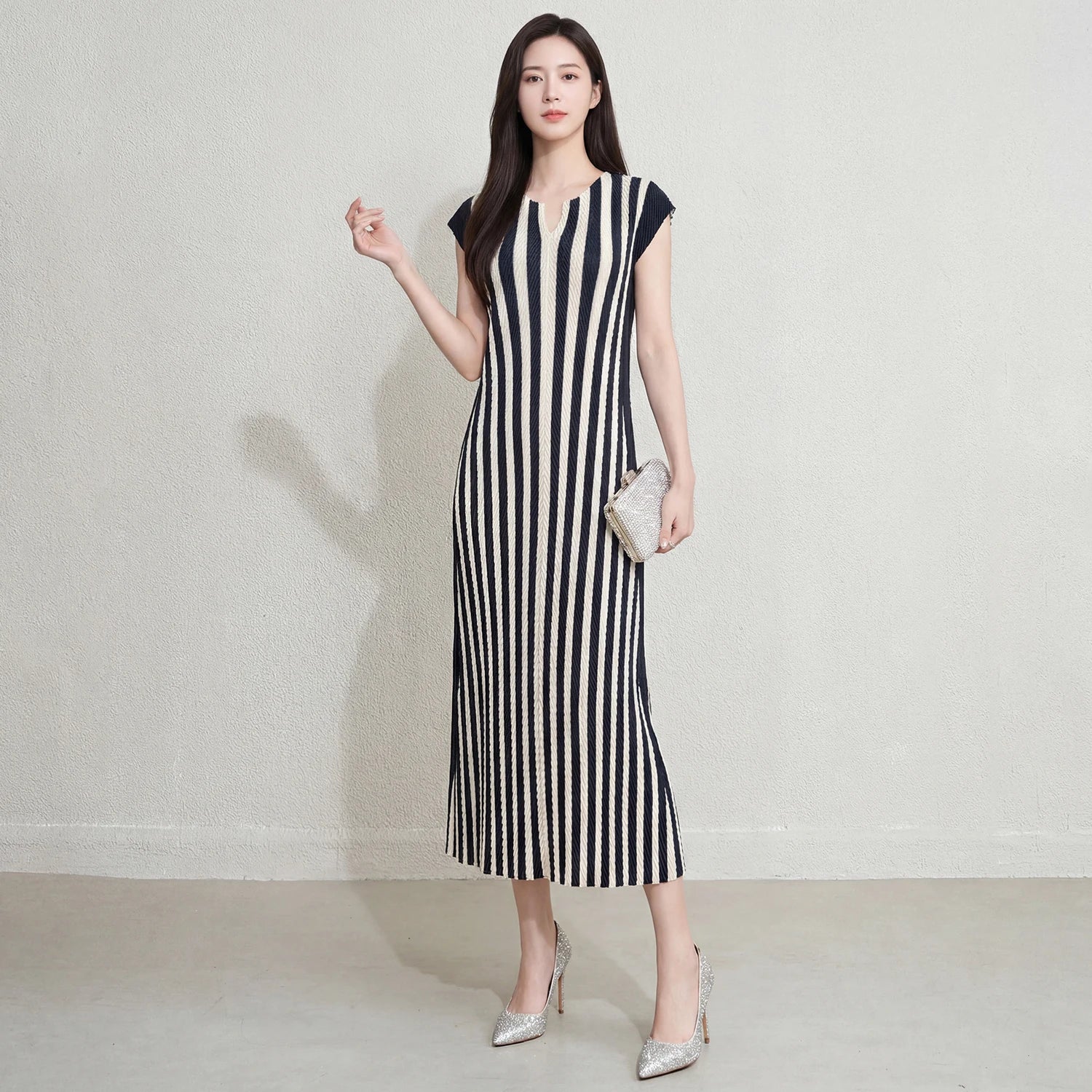Design Women'S Casual Short Sleeve Striped Dress Miyake Pleated Dress