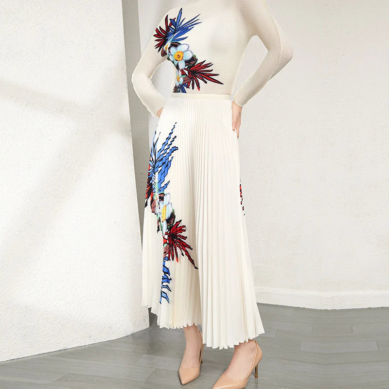 High Quality Pleat Printed Casual Style Women 2 Pieces Sets Long-Sleeve Shirt and Long Pleated Skirt Two Piece Set
