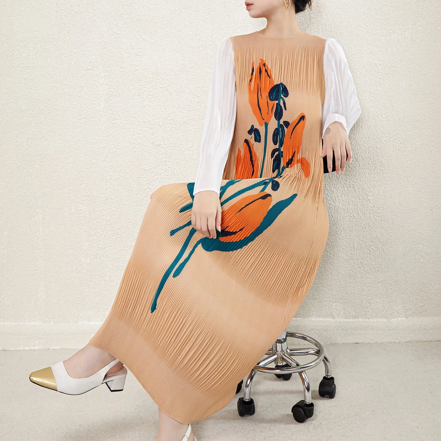  Pleated Stretch plus Size Women'S Long Sleeve Long Dress Fashionable Pleated Miyake Print Women'S Casual Dress