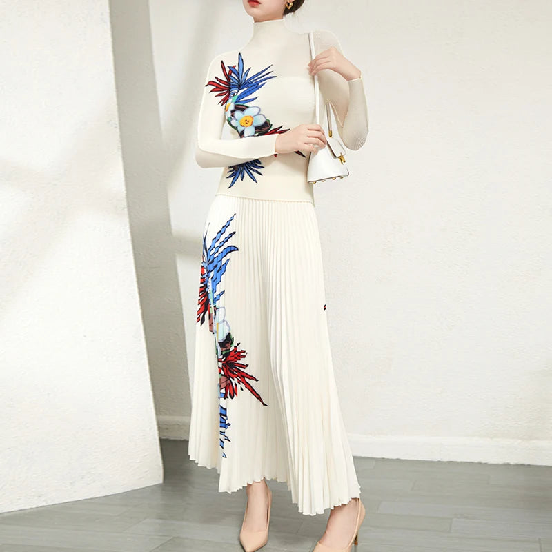 High Quality Pleat Printed Casual Style Women 2 Pieces Sets Long-Sleeve Shirt and Long Pleated Skirt Two Piece Set