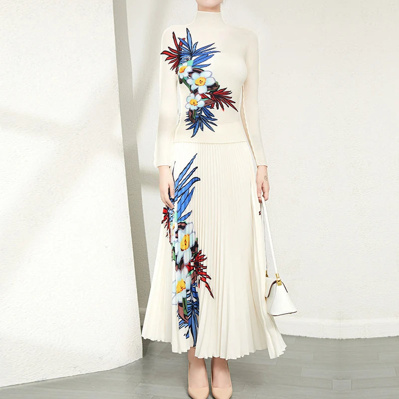 High Quality Pleat Printed Casual Style Women 2 Pieces Sets Long-Sleeve Shirt and Long Pleated Skirt Two Piece Set