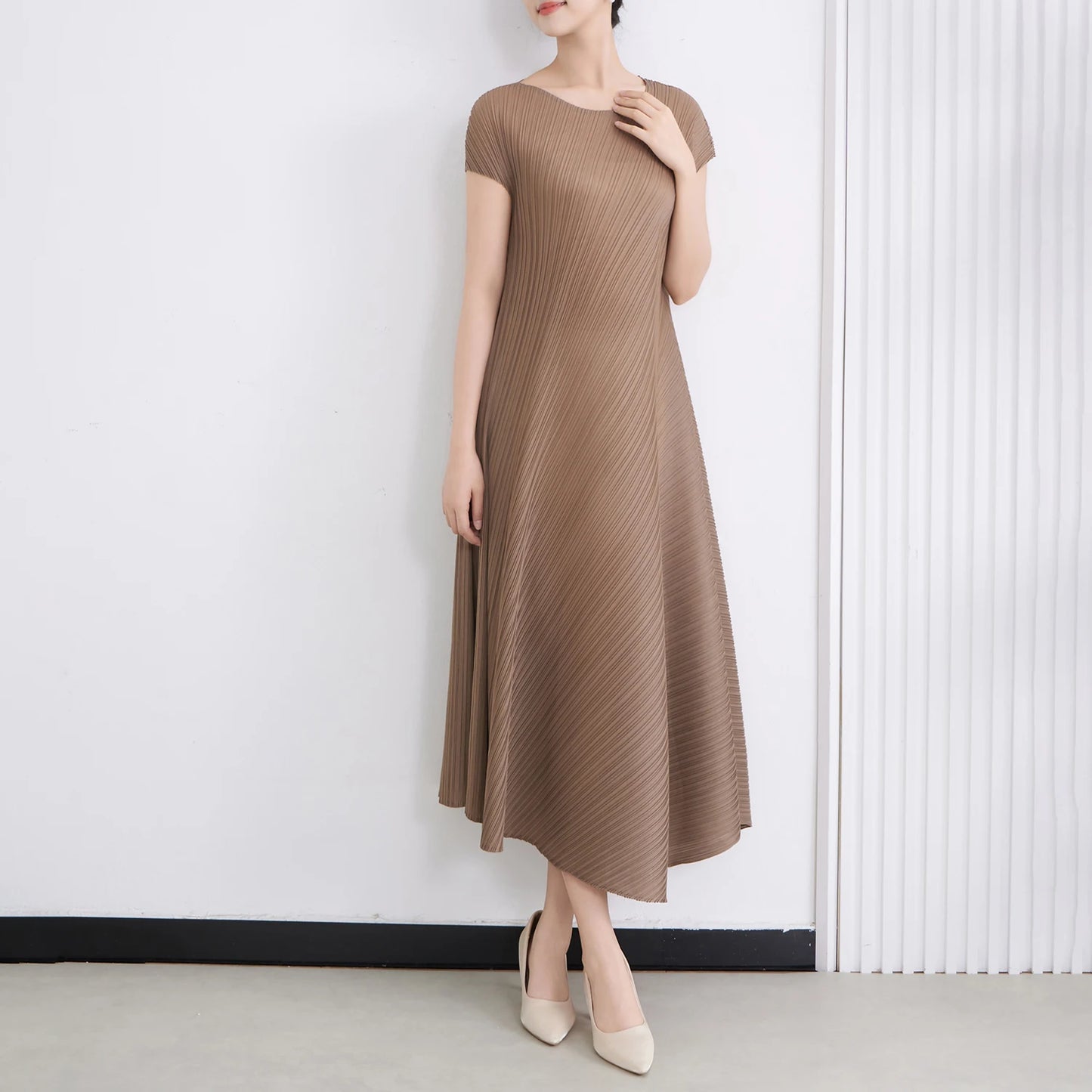 Miyake Woven Washable Pleated Maxi A-Line Dress Women'S Casual Short Sleeve Solid