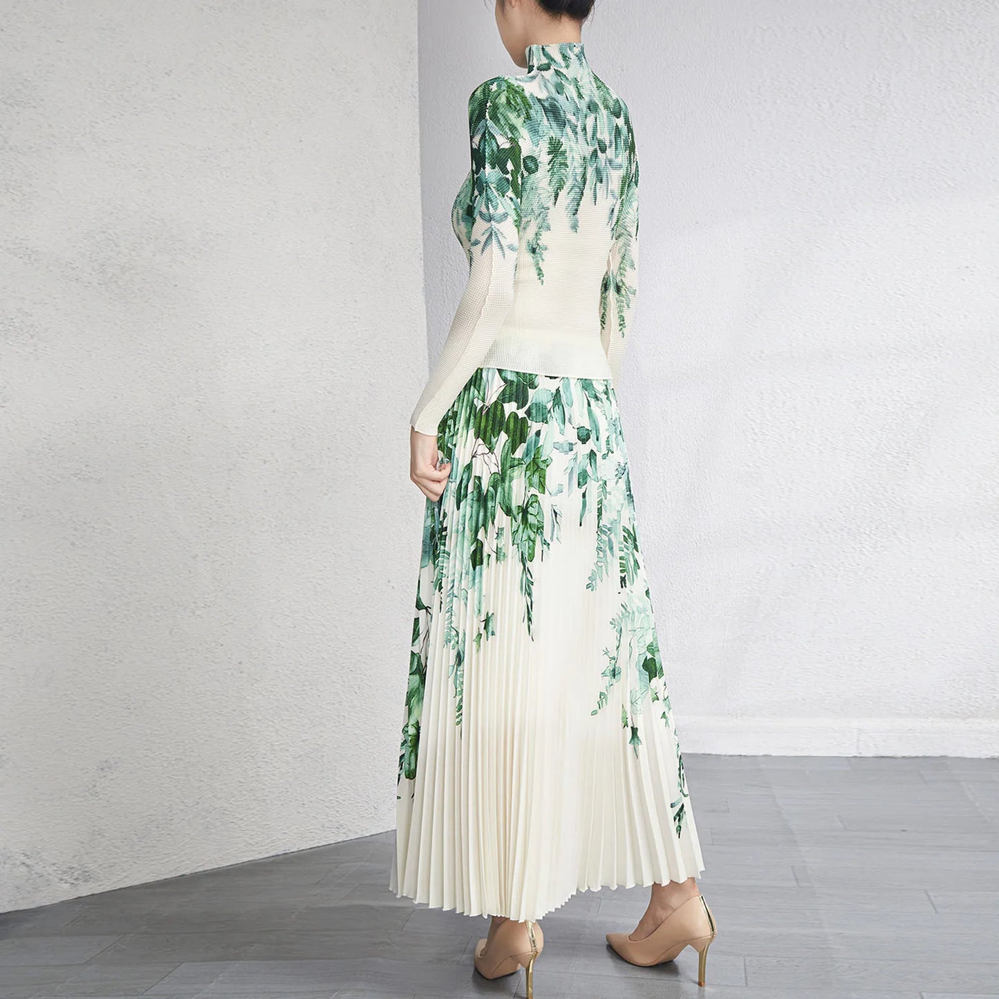 Miyake Pleated Skirt Sets Women 2 Piece Set Elastic Turtleneck Long Sleeve Shirt Printed Long Pleated Skirt Set