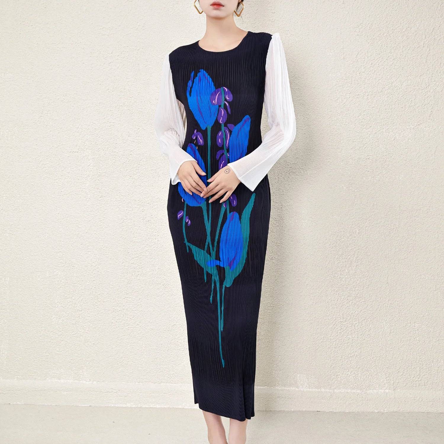  Pleated Stretch plus Size Women'S Long Sleeve Long Dress Fashionable Pleated Miyake Print Women'S Casual Dress