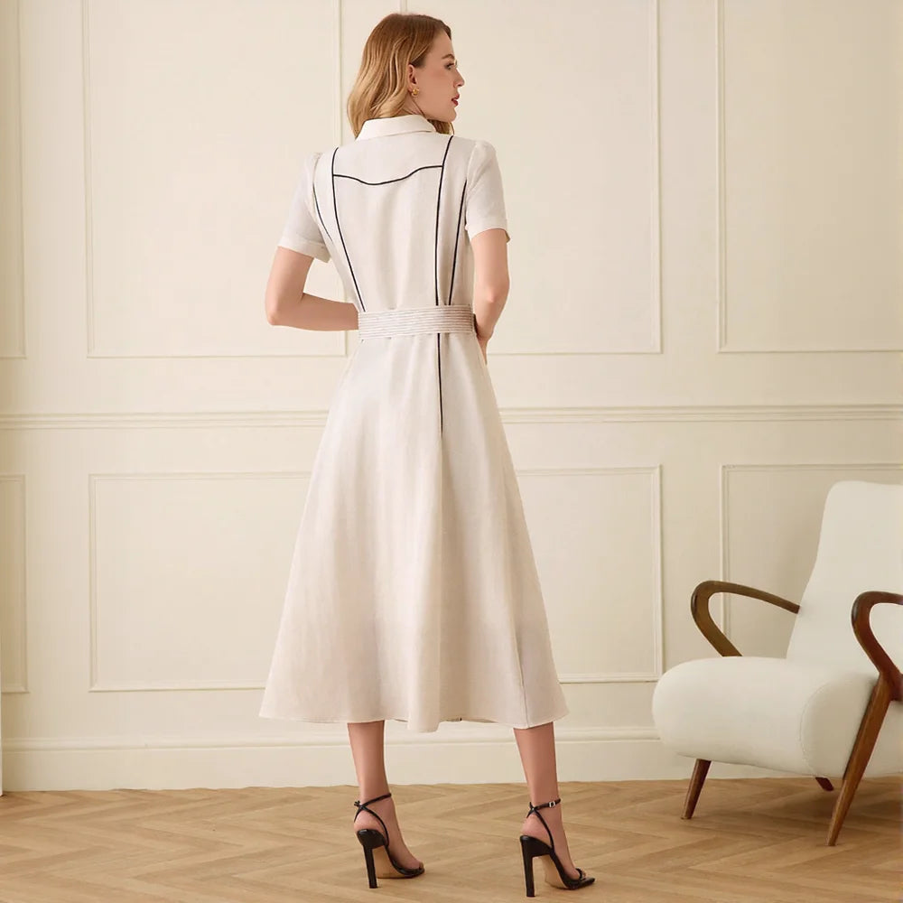 Empire Casual Striped Shirt Dress Short Sleeve Belted Waist Midi Length Office Wear Breathable 