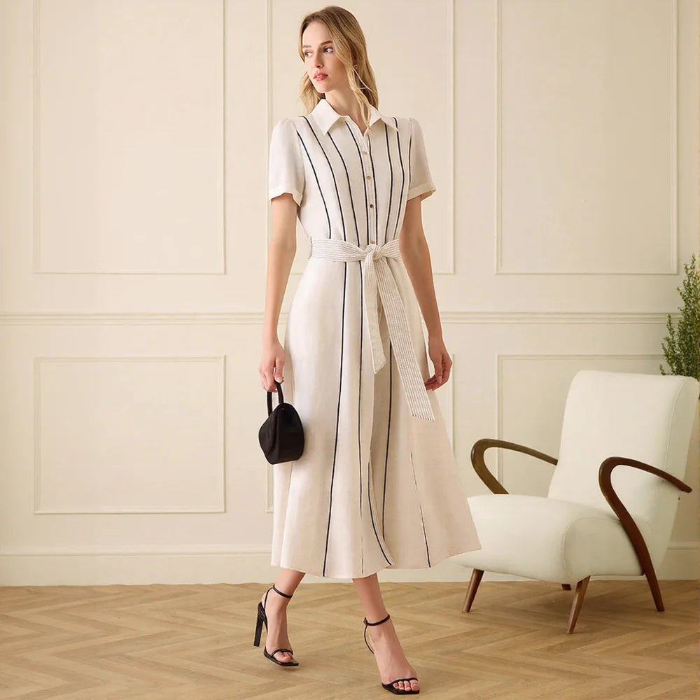 Empire Casual Striped Shirt Dress Short Sleeve Belted Waist Midi Length Office Wear Breathable 