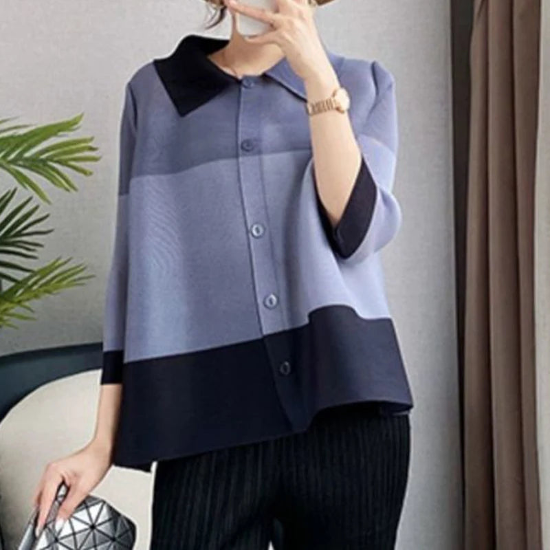 Folded Top Split Sleeve Single Breasted Shirt Collar Cardigan Vintage