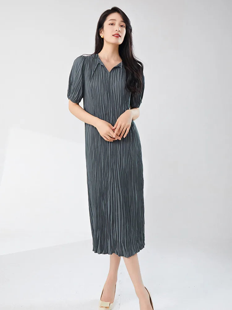 Pleated Dress Women'S Half Open Collar