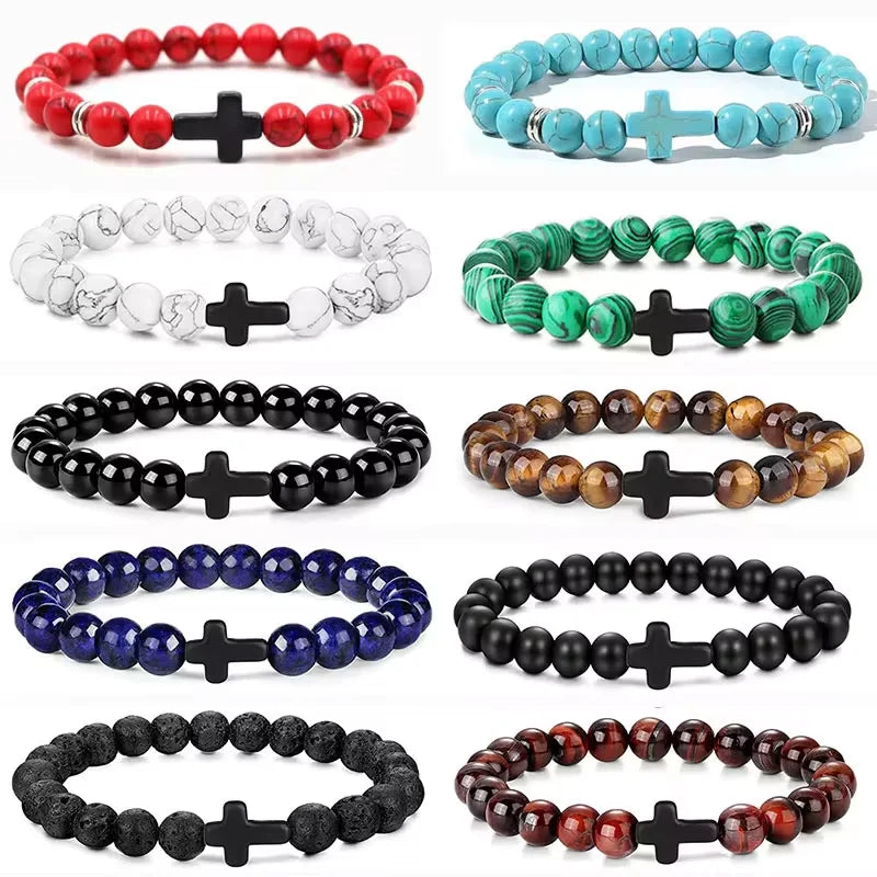 Prayer Natural Stone Wood Beads Rosary Hematite Cross Bracelets Onyx Meditation Bracelet Women Yoga Jewelry Homme Pulsera