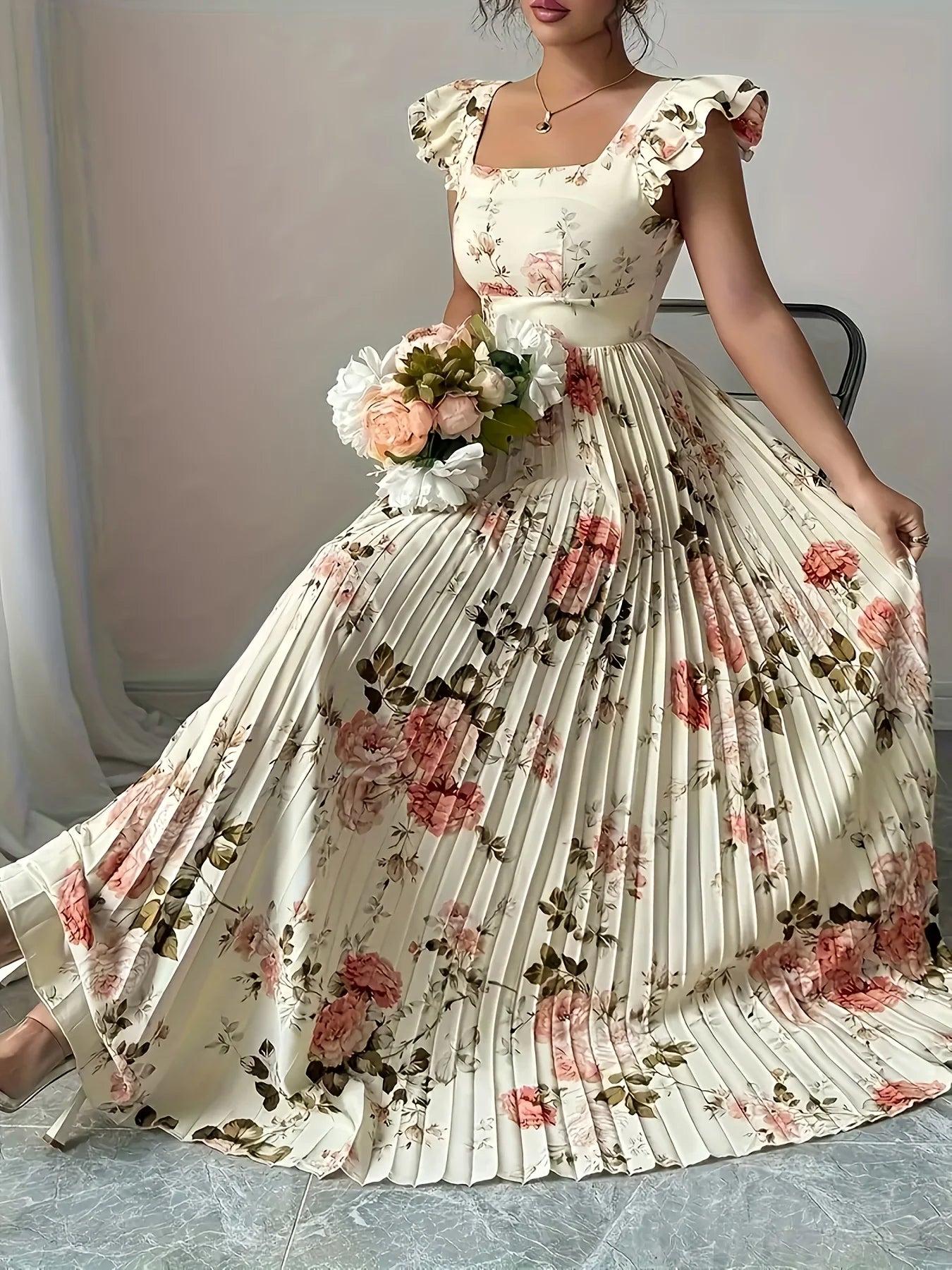 Elegant Beige Floral Pleated Midi Dress with Ruffle Square 