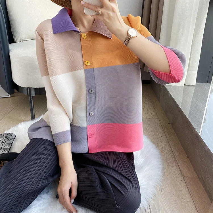 Folded Top Split Sleeve Single Breasted Shirt Collar Cardigan Vintage