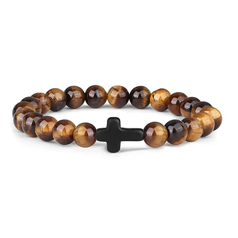 Prayer Natural Stone Wood Beads Rosary Hematite Cross Bracelets Onyx Meditation Bracelet Women Yoga Jewelry Homme Pulsera