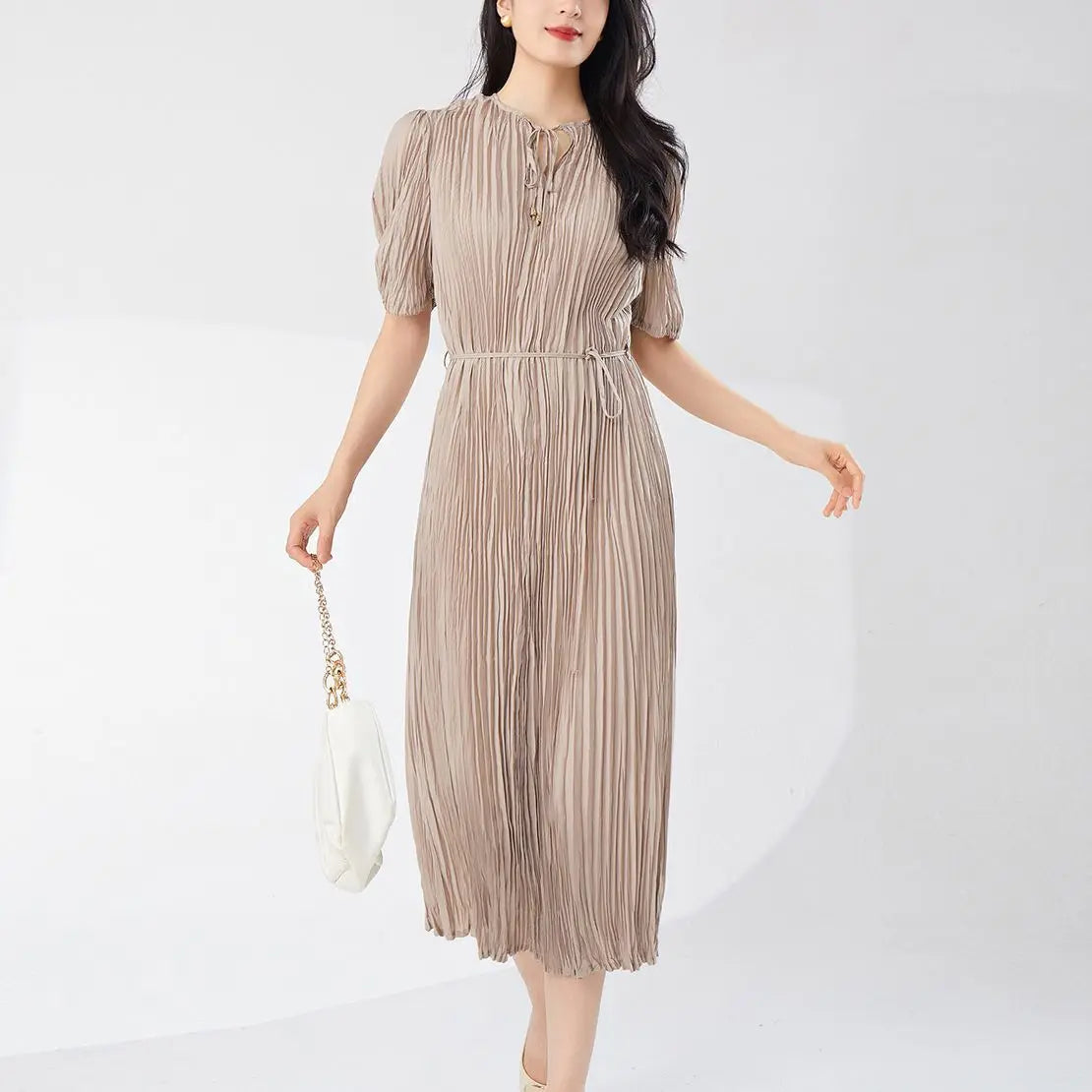 Pleated Dress Women'S Half Open Collar