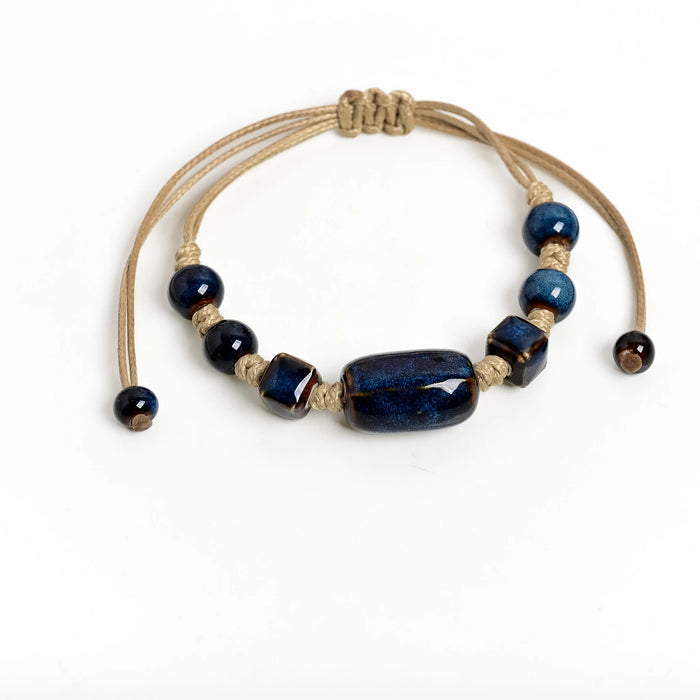 Ceramic Bracelet Vintage Blue Barrel Bead Wax Cord Adjustable