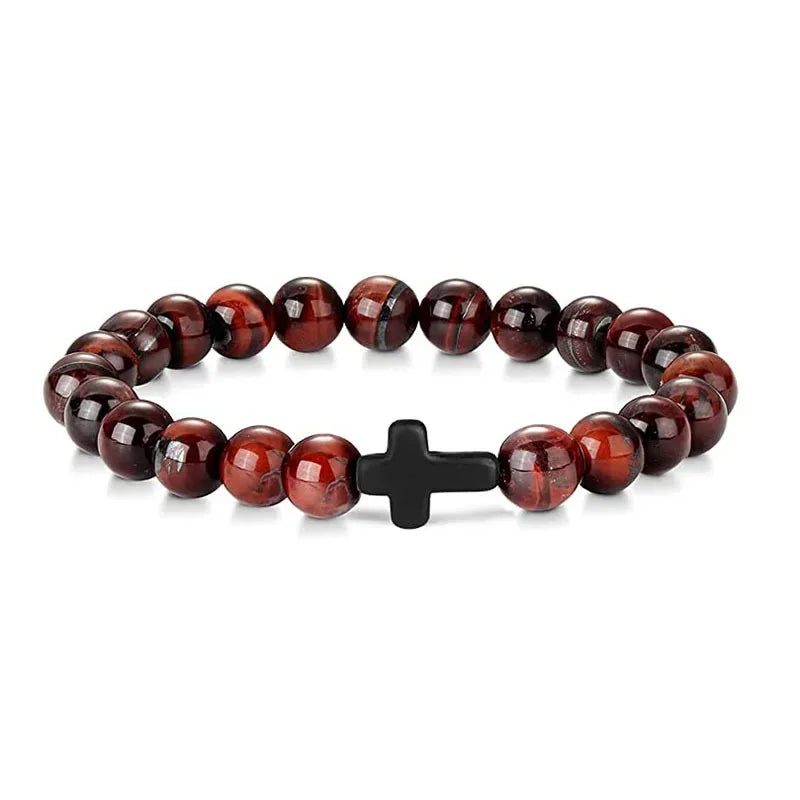 Prayer Natural Stone Wood Beads Rosary Hematite Cross Bracelets Onyx Meditation Bracelet Women Yoga Jewelry Homme Pulsera