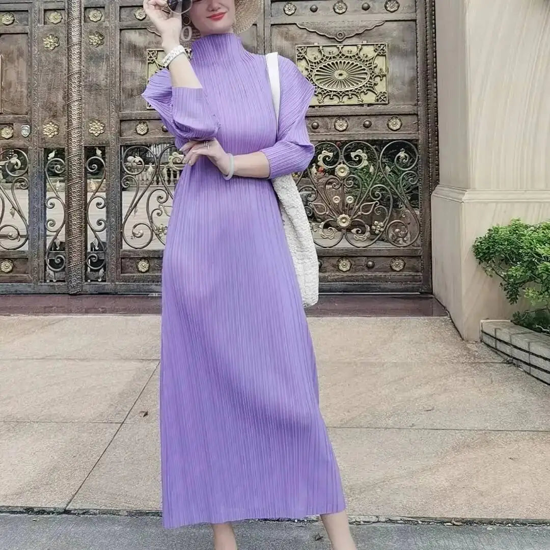 Pleated Half High-End High Collar Batwing Sleeve Women'S Dress