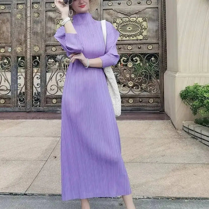 Pleated Half High-End High Collar Batwing Sleeve Women'S Dress