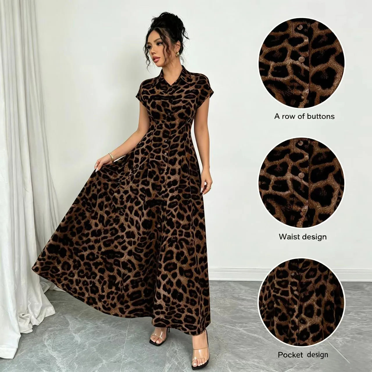 Elegant Leopard Print Lapel Short-Sleeve Waist-Cinched Button Dress