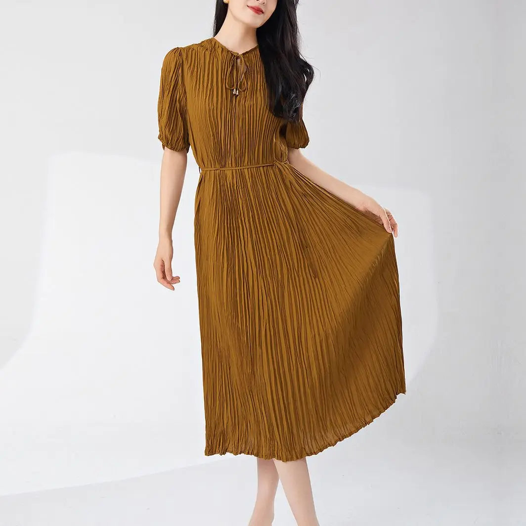 Pleated Dress Women'S Half Open Collar