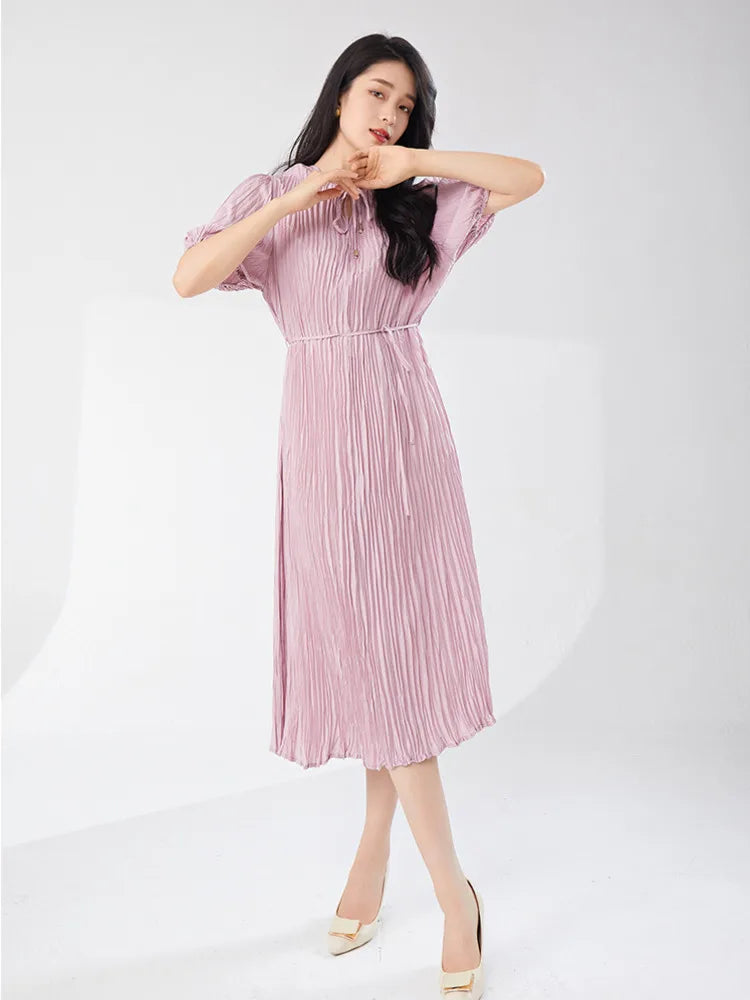 Pleated Dress Women'S Half Open Collar