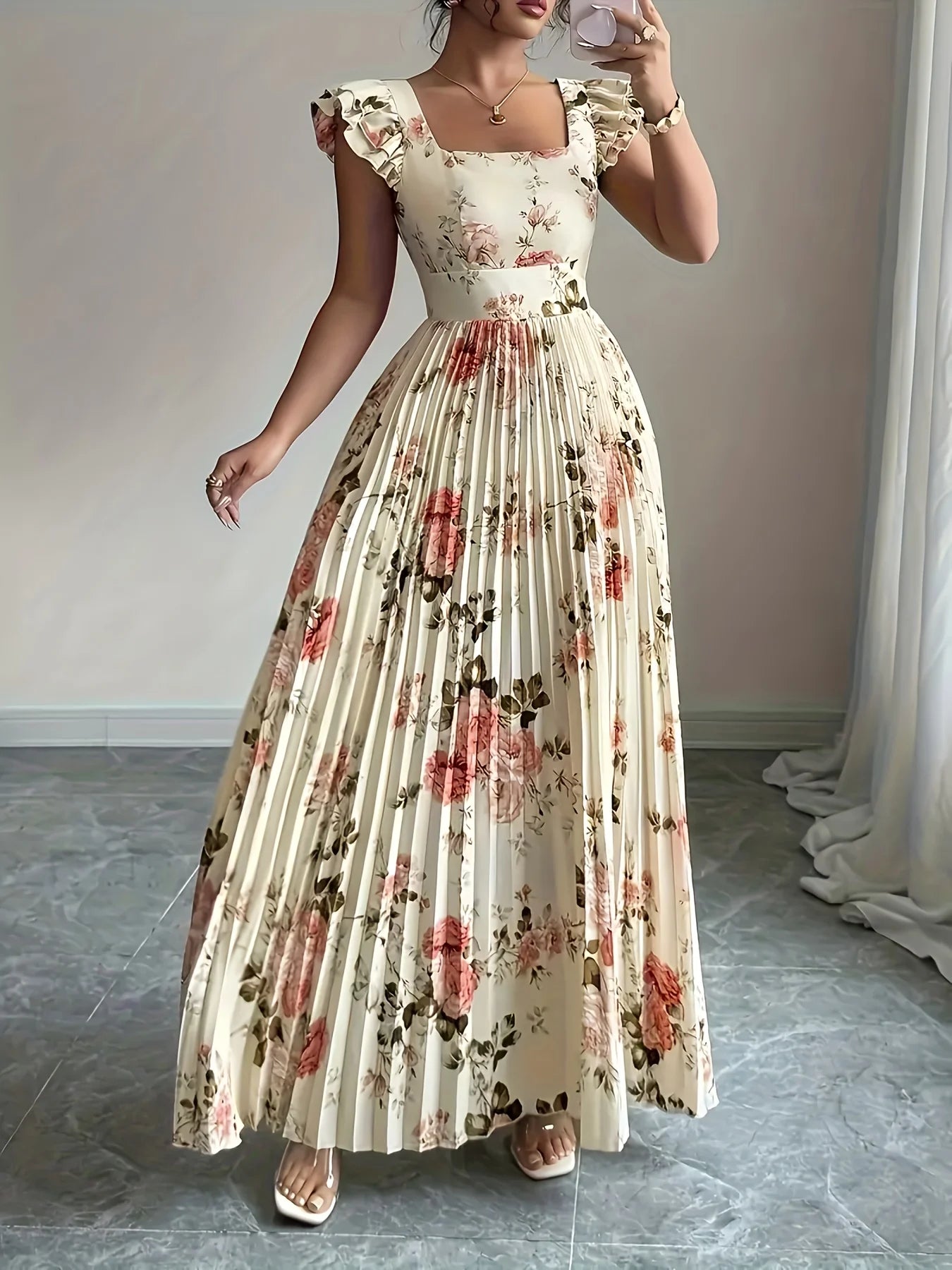 Elegant Beige Floral Pleated Midi Dress with Ruffle Square 