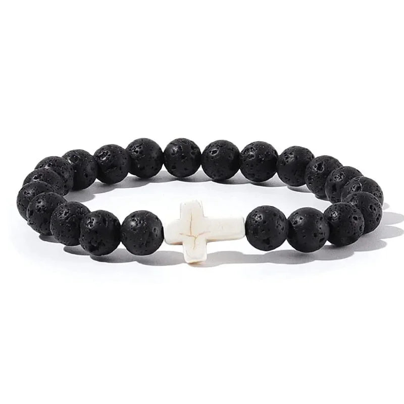 Prayer Natural Stone Wood Beads Rosary Hematite Cross Bracelets Onyx Meditation Bracelet Women Yoga Jewelry Homme Pulsera