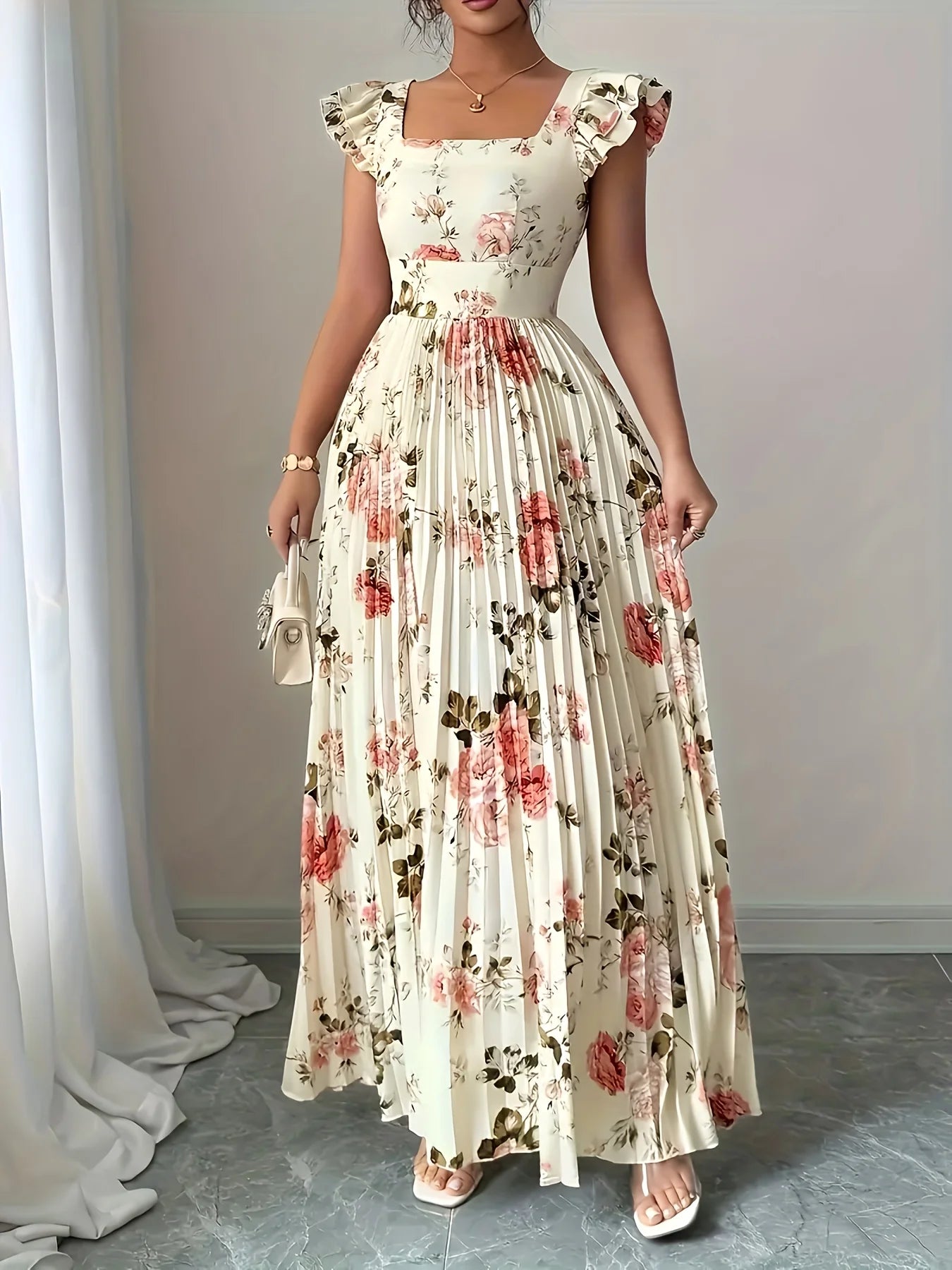 Elegant Beige Floral Pleated Midi Dress with Ruffle Square 