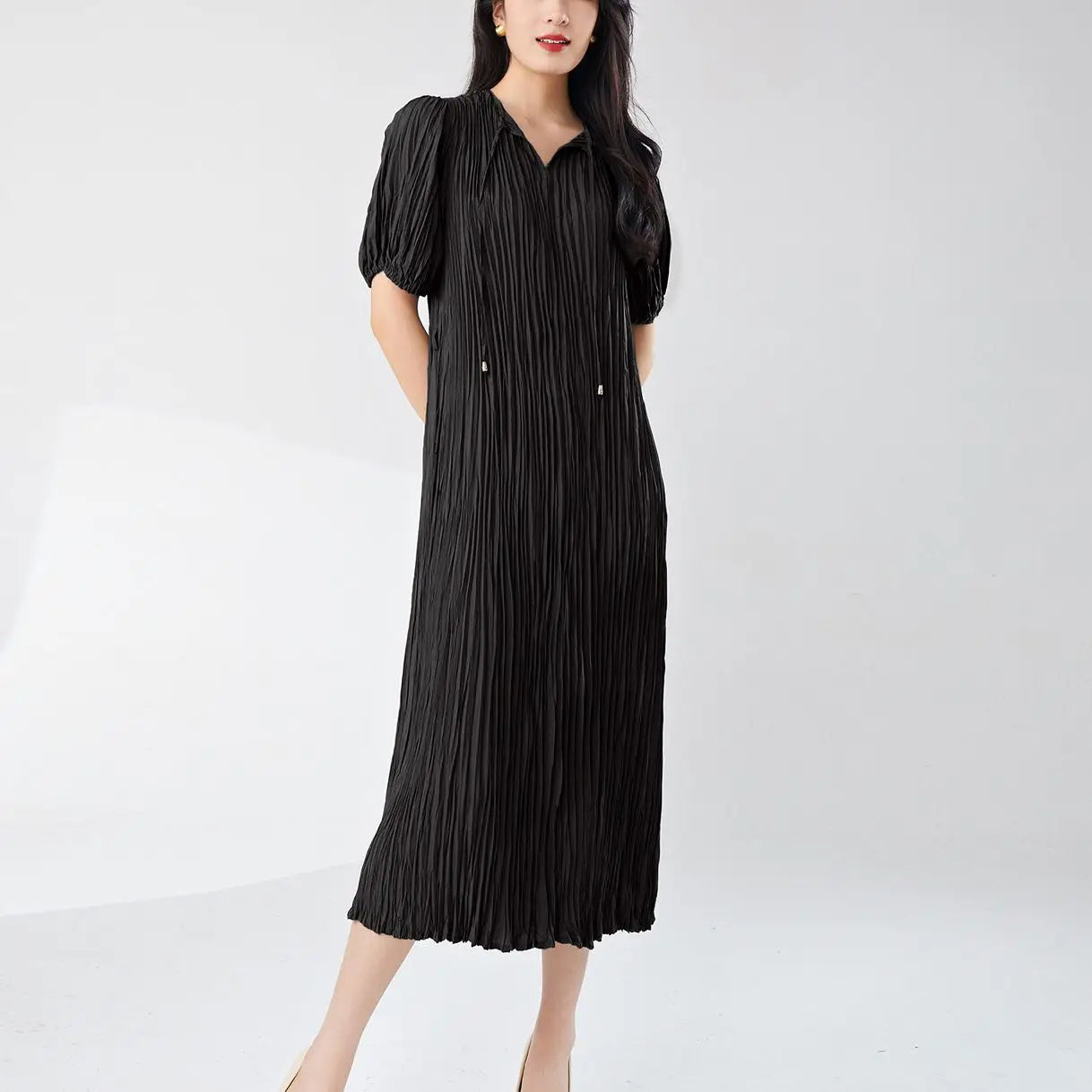 Pleated Dress Women'S Half Open Collar