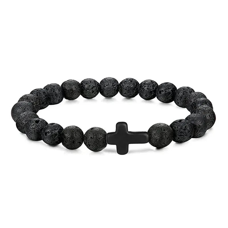 Prayer Natural Stone Wood Beads Rosary Hematite Cross Bracelets Onyx Meditation Bracelet Women Yoga Jewelry Homme Pulsera