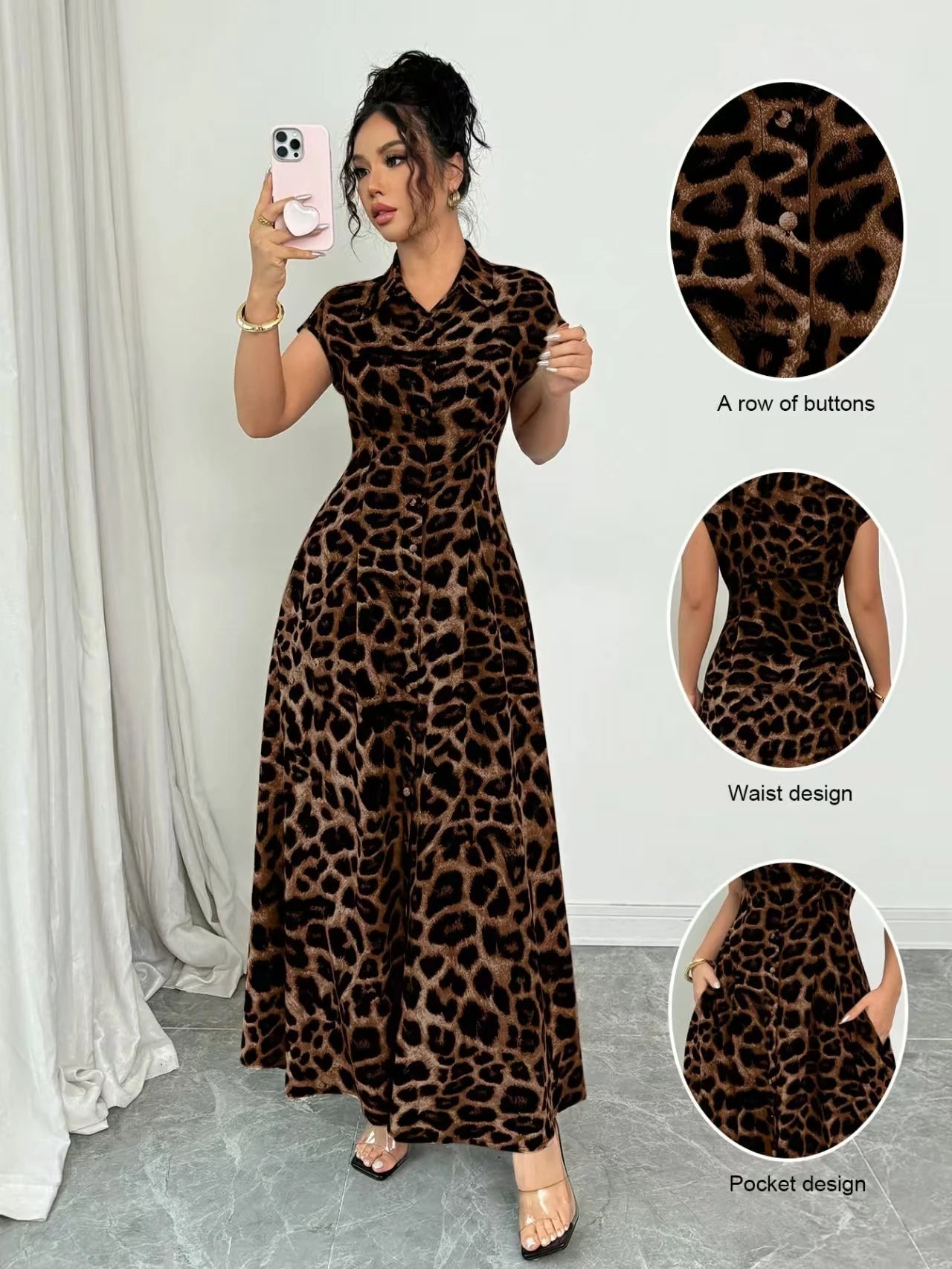 Elegant Leopard Print Lapel Short-Sleeve Waist-Cinched Button Dress