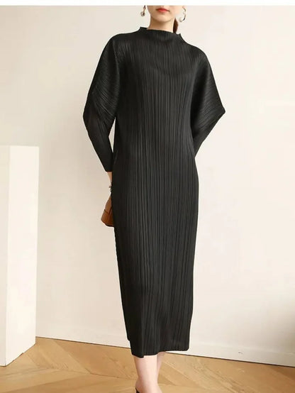 Pleated Half High-End High Collar Batwing Sleeve Women'S Dress