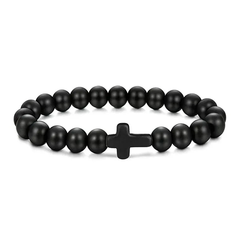 Prayer Natural Stone Wood Beads Rosary Hematite Cross Bracelets Onyx Meditation Bracelet Women Yoga Jewelry Homme Pulsera