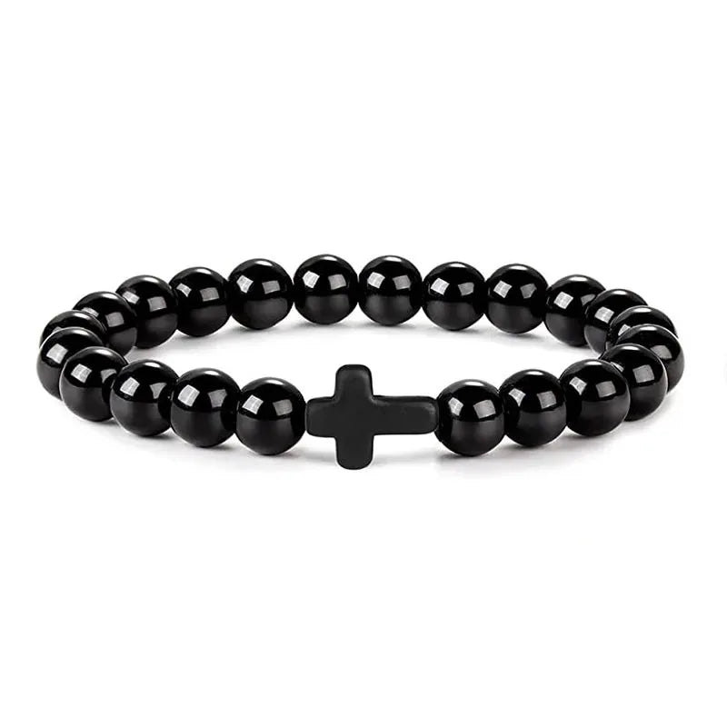 Prayer Natural Stone Wood Beads Rosary Hematite Cross Bracelets Onyx Meditation Bracelet Women Yoga Jewelry Homme Pulsera