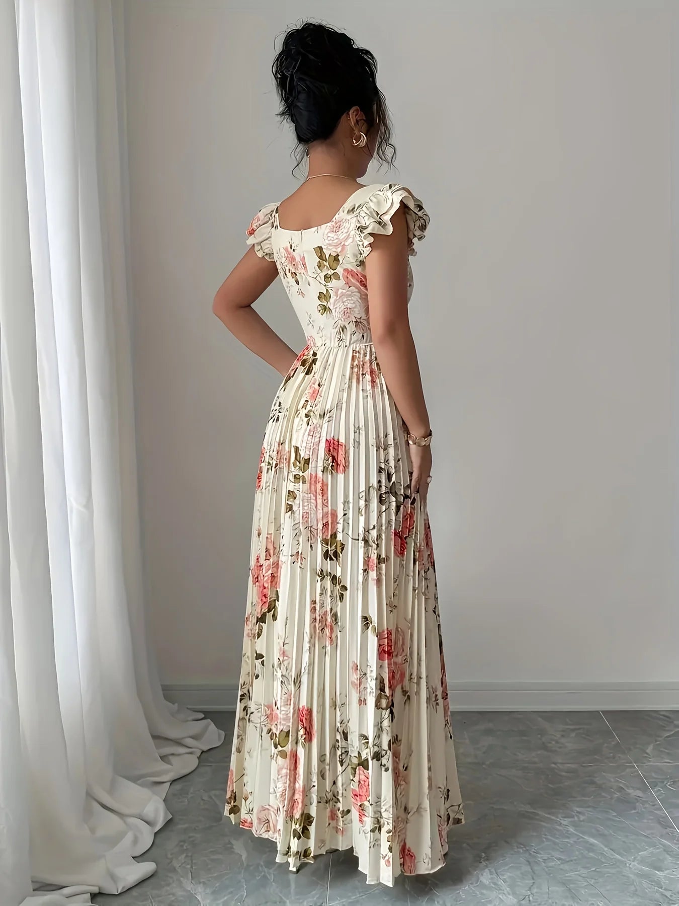 Elegant Beige Floral Pleated Midi Dress with Ruffle Square 