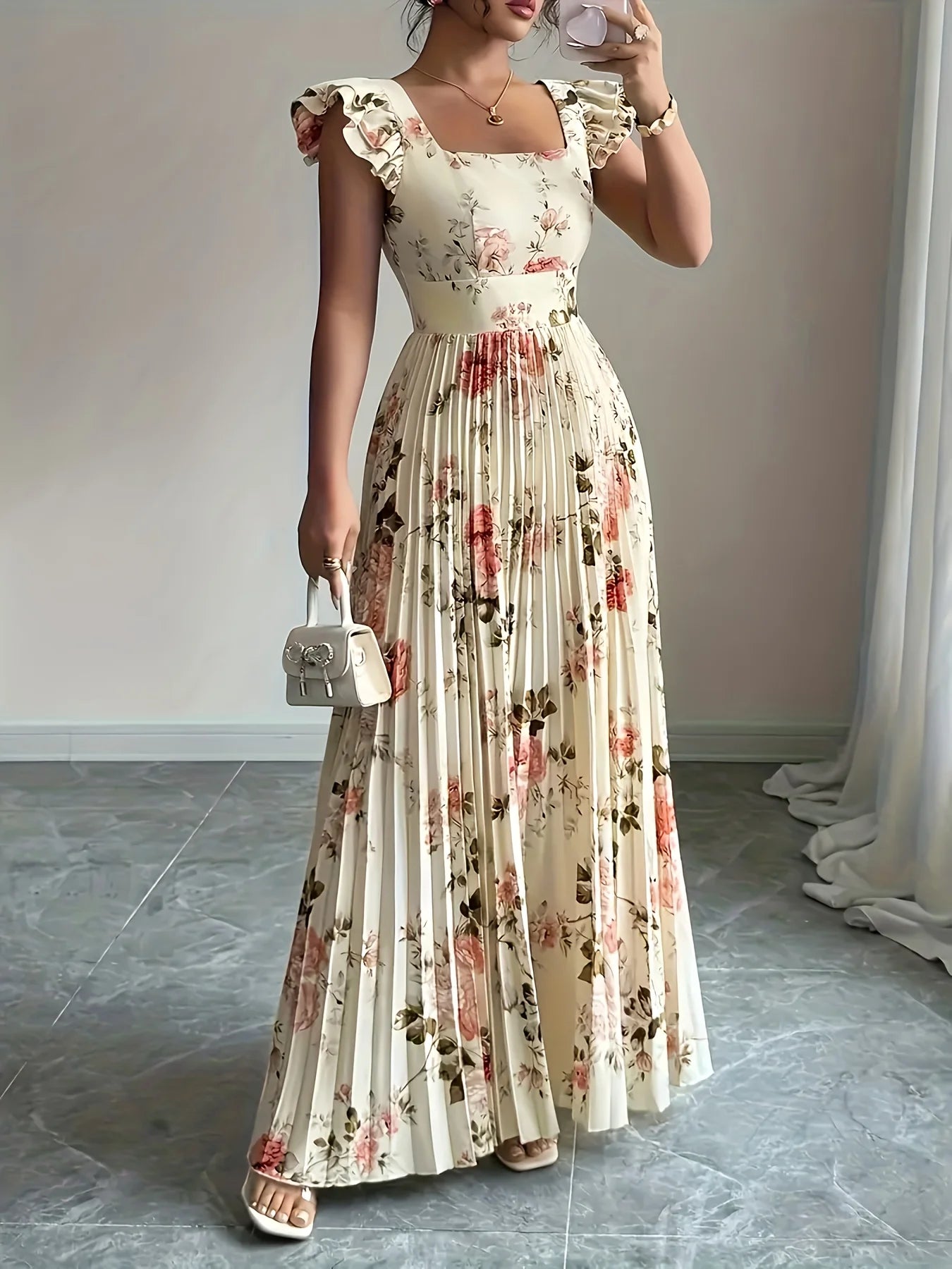 Elegant Beige Floral Pleated Midi Dress with Ruffle Square 