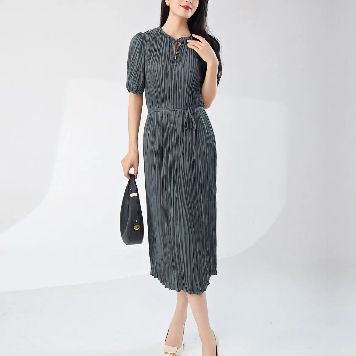 Pleated Dress Women'S Half Open Collar
