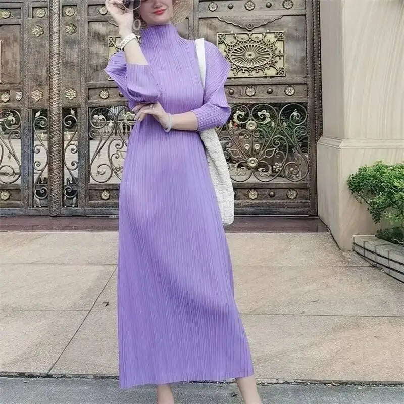 Pleated Half High-End High Collar Batwing Sleeve Women'S Dress