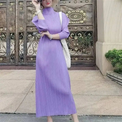 Pleated Half High-End High Collar Batwing Sleeve Women'S Dress