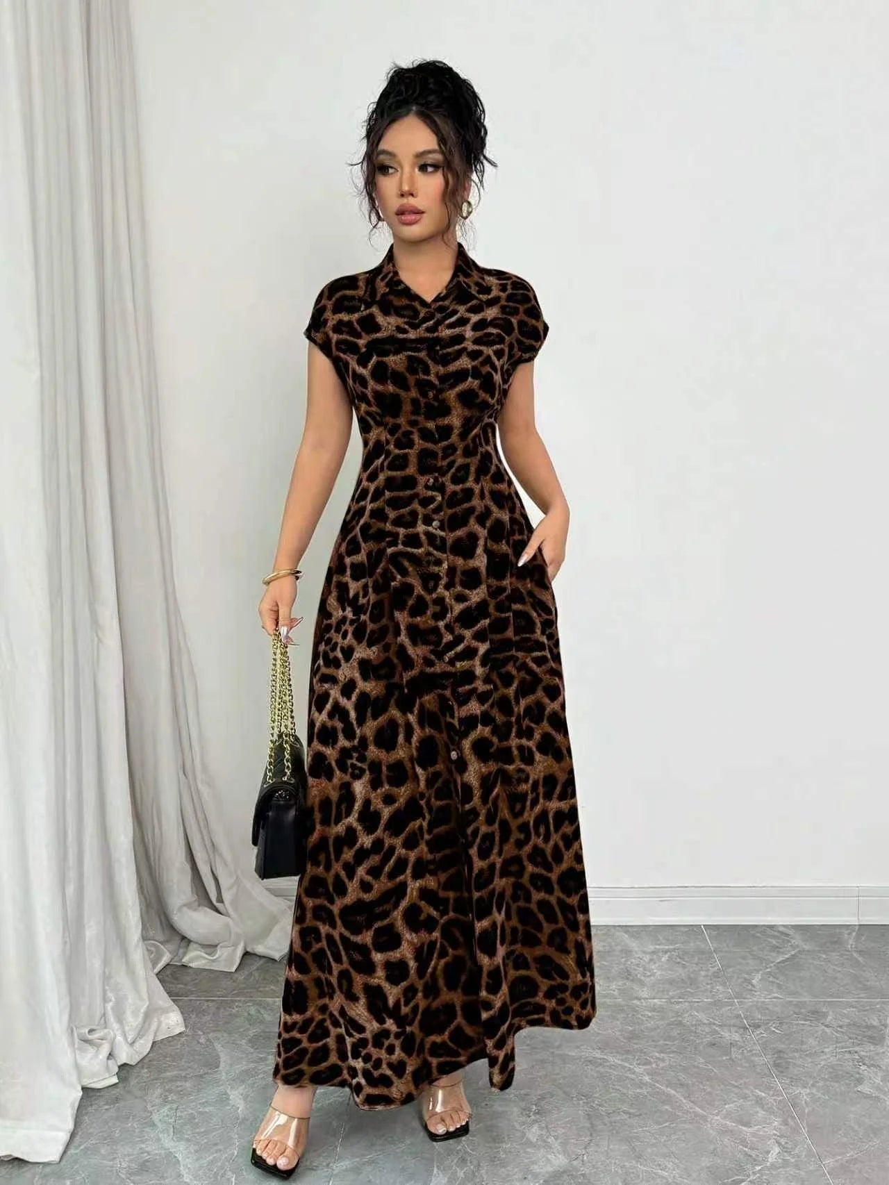 Elegant Leopard Print Lapel Short-Sleeve Waist-Cinched Button Dress