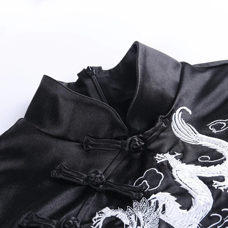 Women Japanese Style Cheongsam Retro Chinese Traditional Dragon Embroidery Long Qipao Split Dress Elegant Ladies Party Clothing